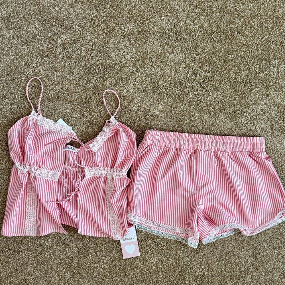 NWT- Pink Striped Lace Trim Sleepwear Set